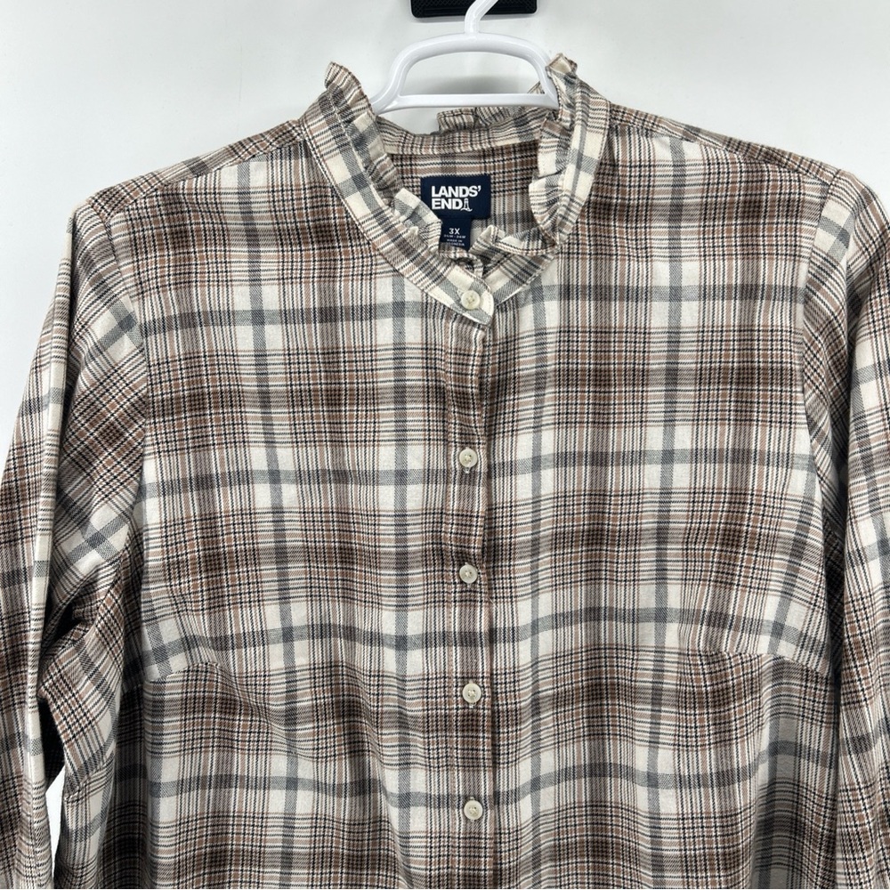 Lands End Blouse Shirt Top Women’s 3X Plus Beige Plaid Flannel Cotton Button Up - Picture 6 of 13